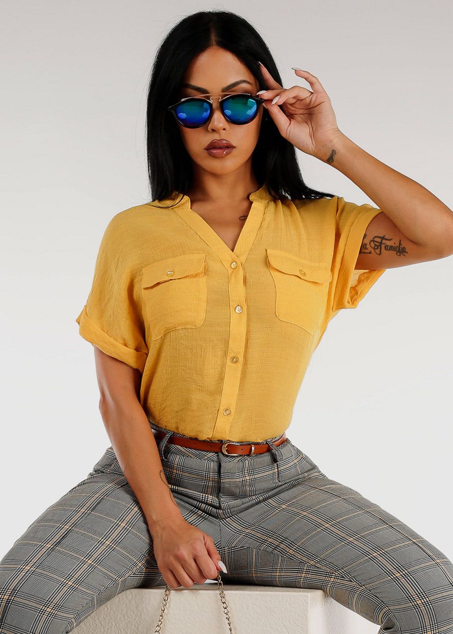 Short Sleeve Vneck Button Up Shirt Mustard sold by Moda