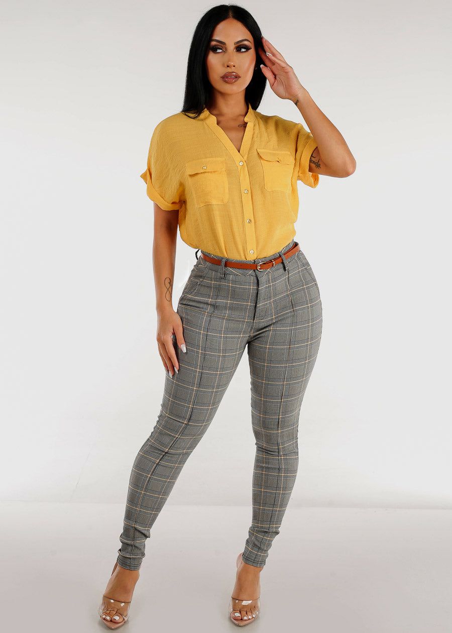 Short Sleeve Vneck Button Up Shirt Mustard sold by Moda product image thumbnail 2