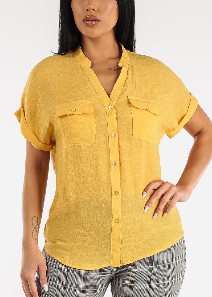 Short Sleeve Vneck Button Up Shirt Mustard sold by Moda product image thumbnail 3