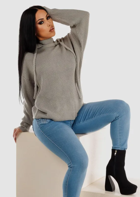 Hooded Long Sleeve Knit Sweater Grey sold by Moda