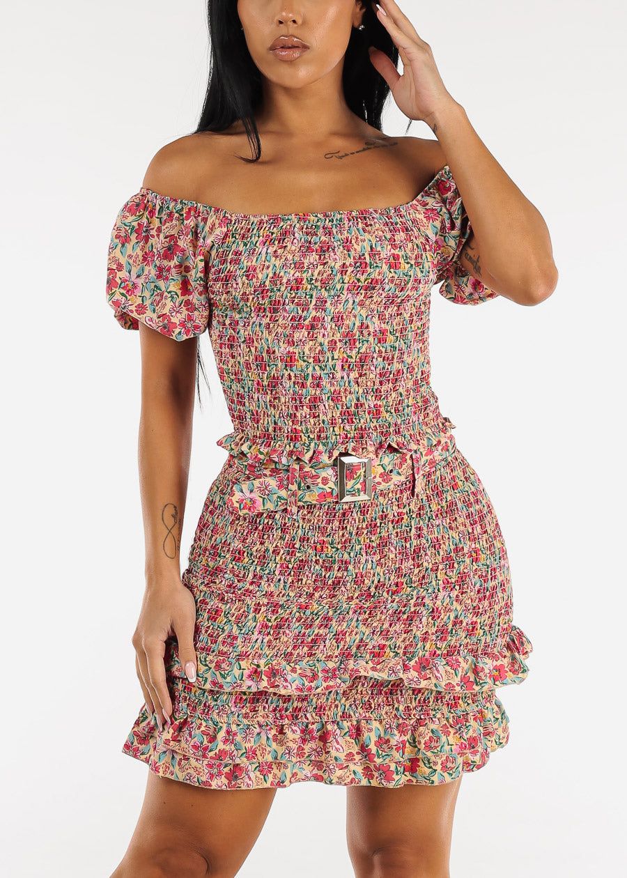 Floral Off Shoulder Crop Top & Mini Skirt Peach (2 PCE SET) sold by Moda