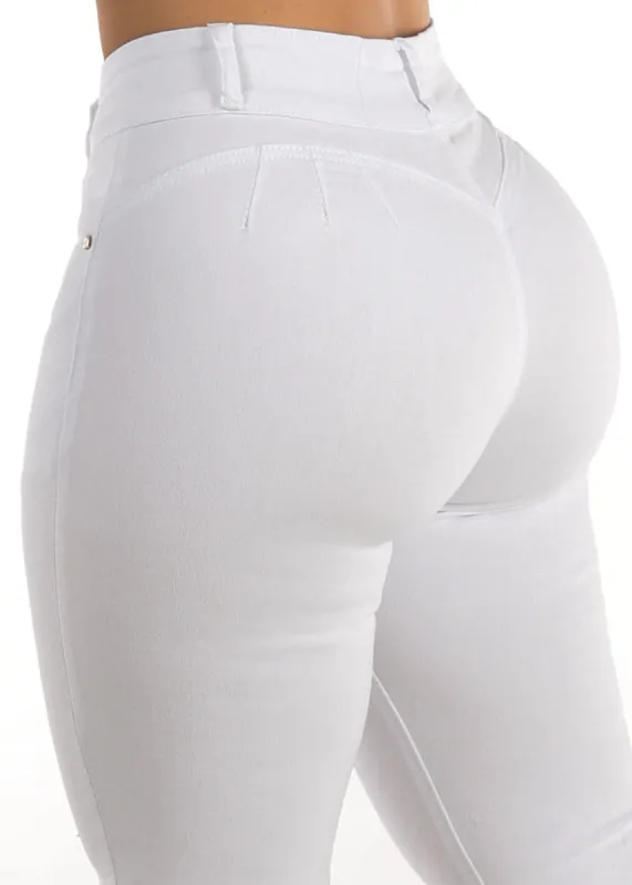 High Waist White Butt Lifting 3 Button Skinny Jeans sold by Moda