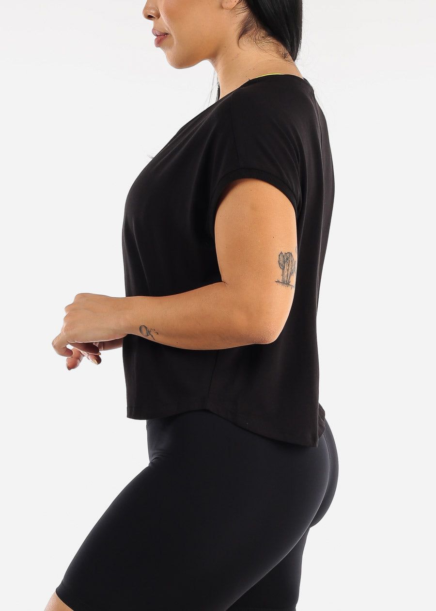 MONO B Black Activewear Cap Sleeve Cropped Boxy Tee sold by Moda product image thumbnail 3