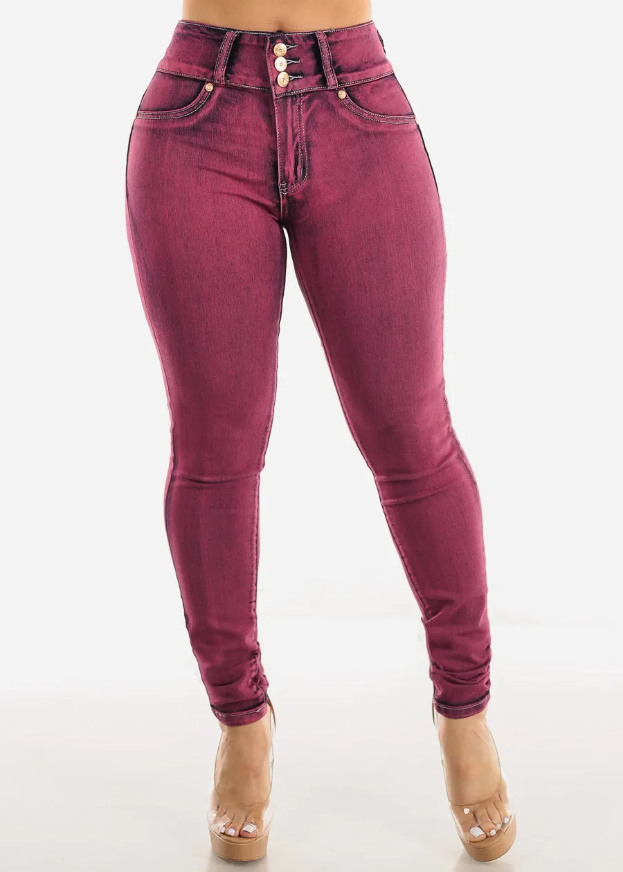 Levantacola Acid Wash Butt Lifting Skinny Jeans Burgundy sold by Moda product image thumbnail 3