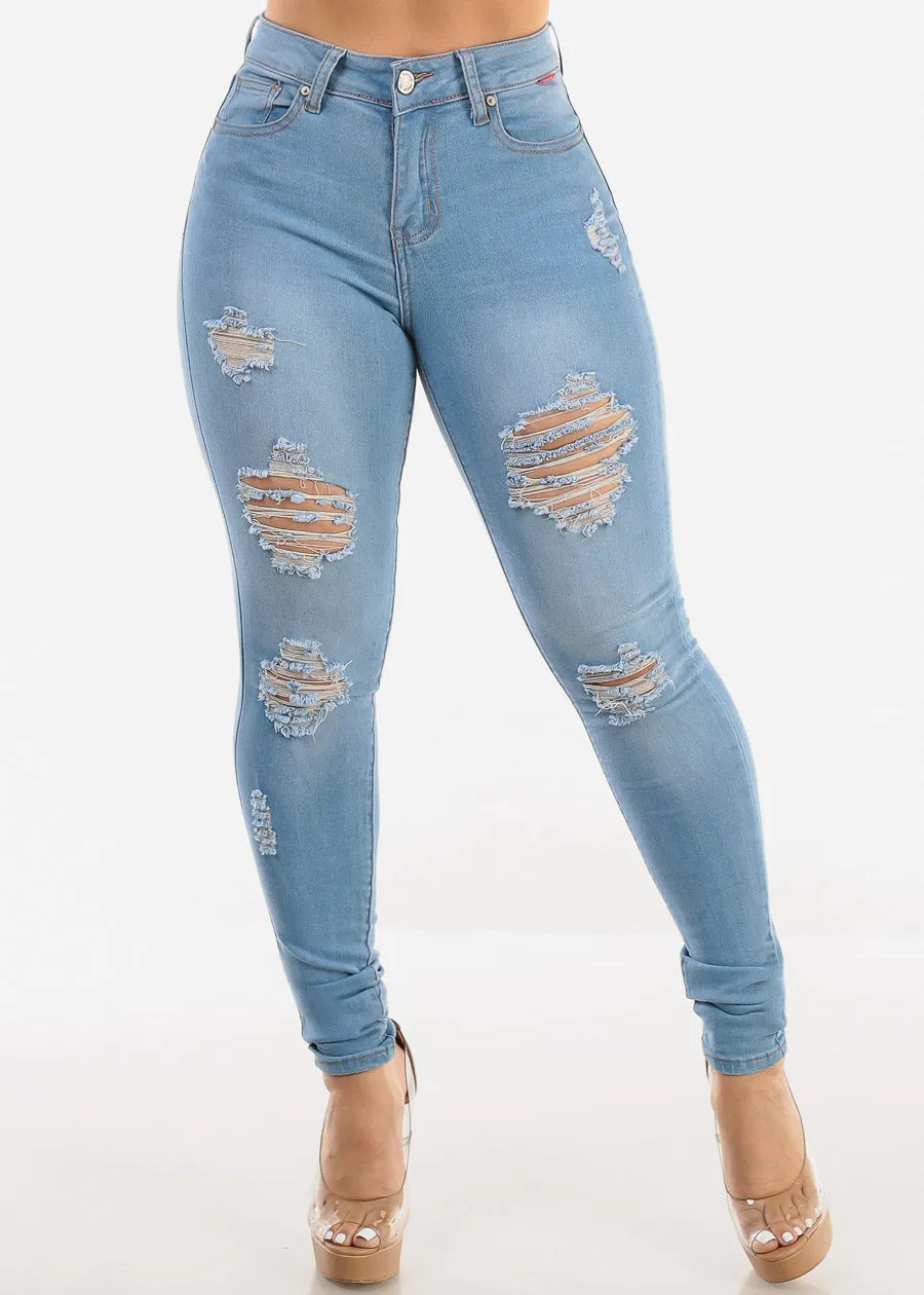 High Waist Distressed Stretchy Skinny Jeans Light Blue sold by Moda