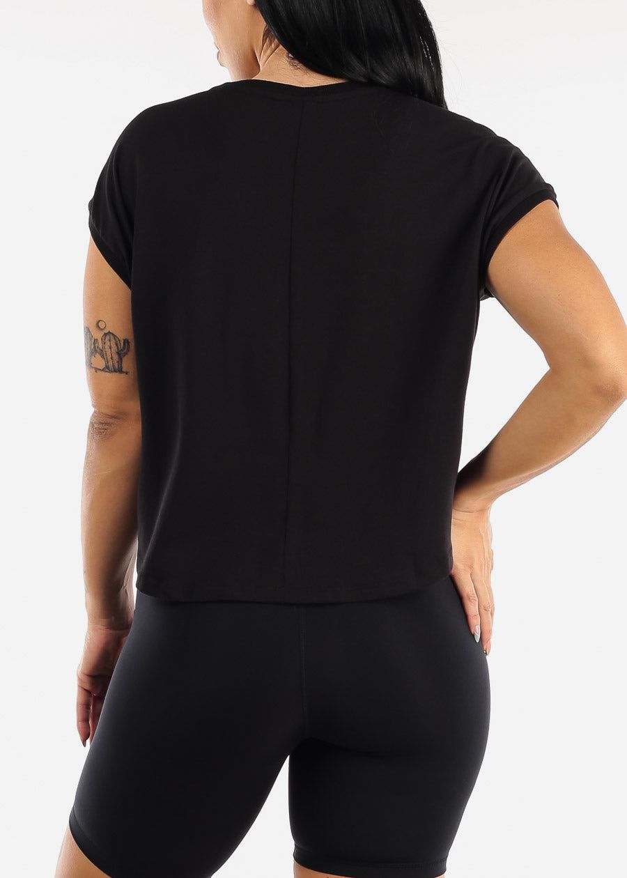 MONO B Black Activewear Cap Sleeve Cropped Boxy Tee sold by Moda product image thumbnail 4