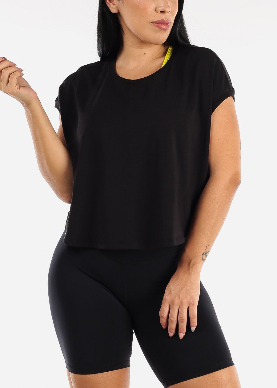 MONO B Black Activewear Cap Sleeve Cropped Boxy Tee sold by Moda