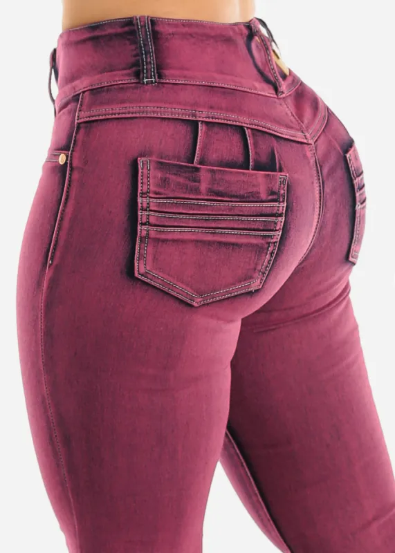 Levantacola Acid Wash Butt Lifting Skinny Jeans Burgundy sold by Moda