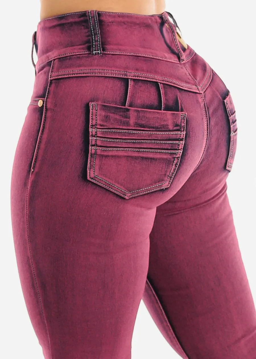 Levantacola Acid Wash Butt Lifting Skinny Jeans Burgundy sold by Moda