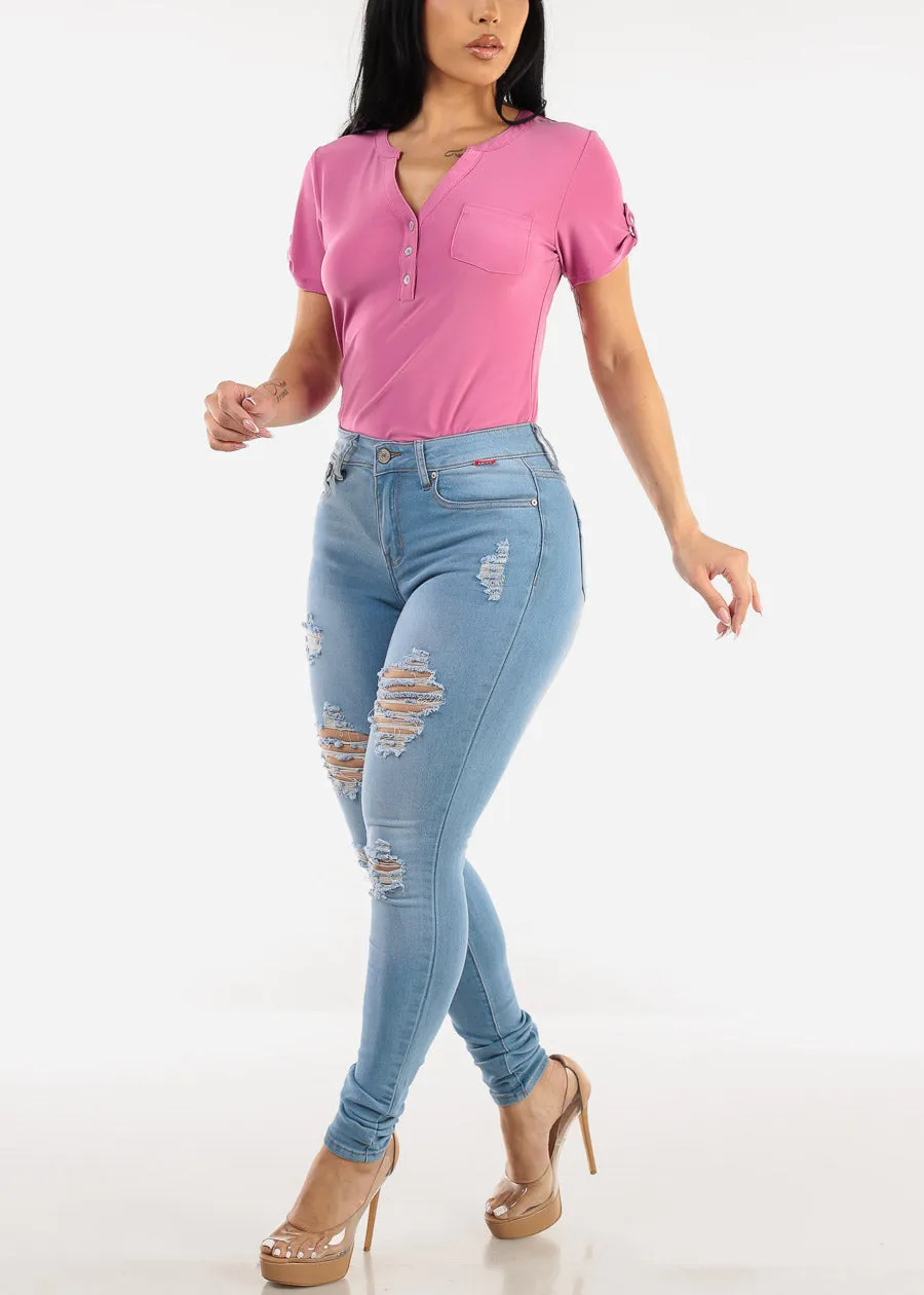 High Waist Distressed Stretchy Skinny Jeans Light Blue sold by Moda product image thumbnail 2