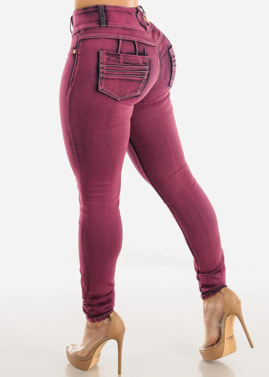 Levantacola Acid Wash Butt Lifting Skinny Jeans Burgundy sold by Moda product image thumbnail 5