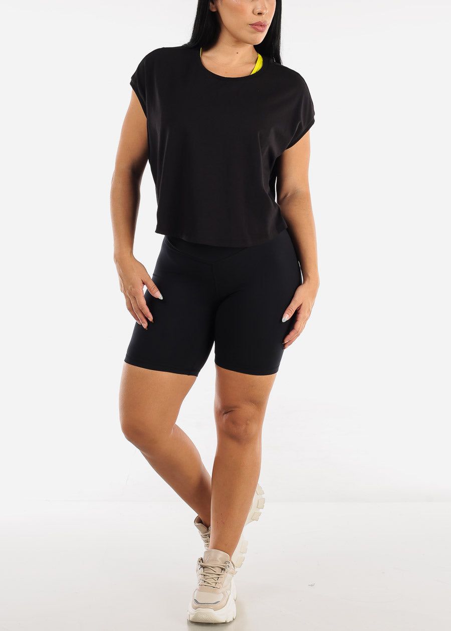 MONO B Black Activewear Cap Sleeve Cropped Boxy Tee sold by Moda product image thumbnail 2