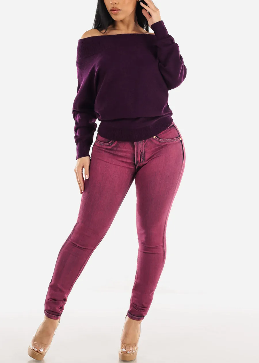 Levantacola Acid Wash Butt Lifting Skinny Jeans Burgundy sold by Moda product image thumbnail 2