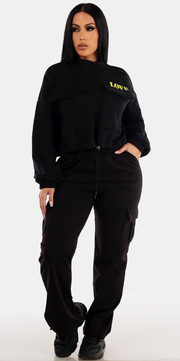 Black Cargo Pants Pullover Outfit sold by Moda