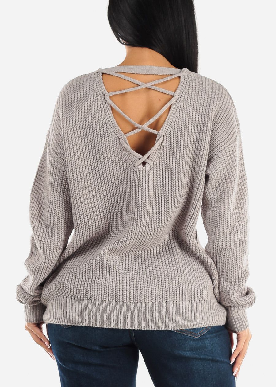 Back Lace Up Knit Long Sleeve Sweater Light Grey sold by Moda product image thumbnail 5