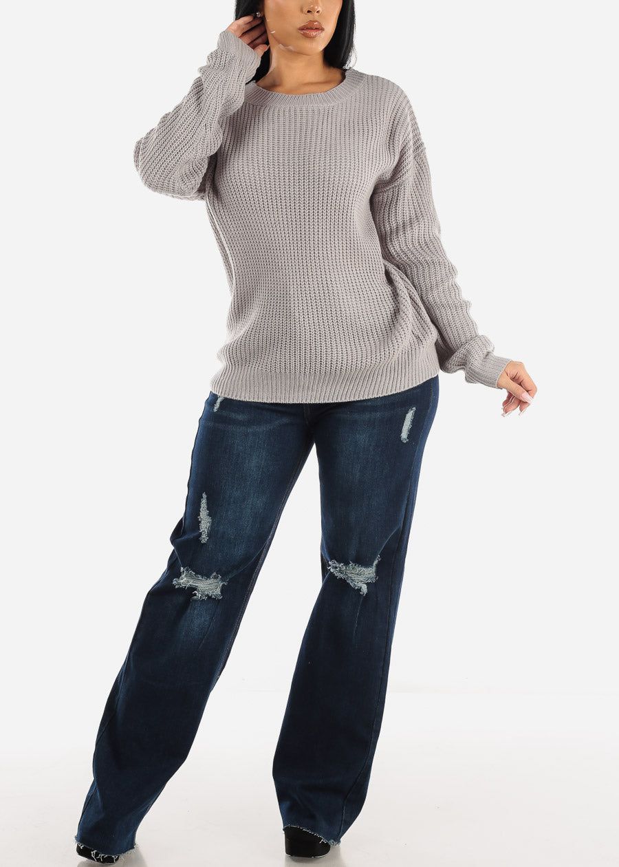 Back Lace Up Knit Long Sleeve Sweater Light Grey sold by Moda product image thumbnail 2
