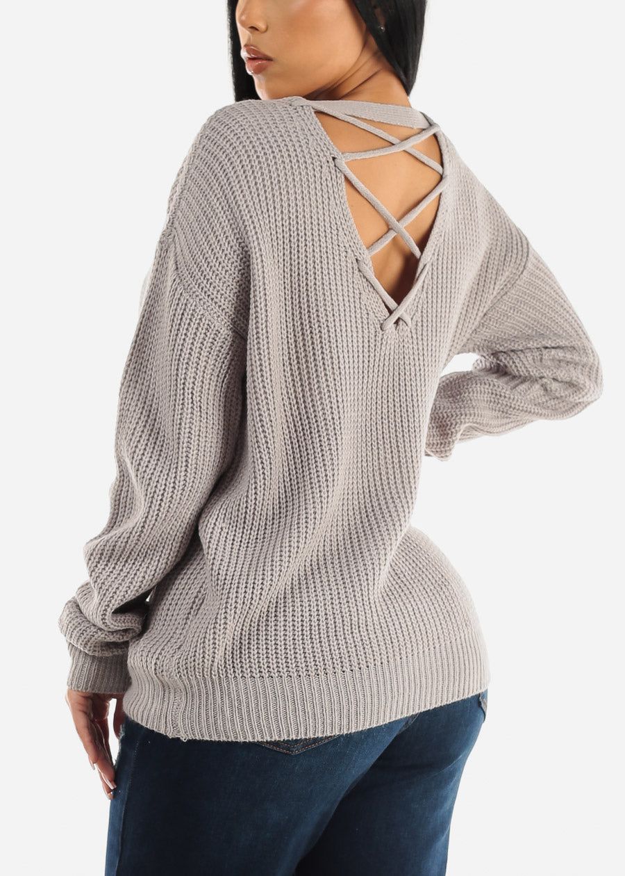 Back Lace Up Knit Long Sleeve Sweater Light Grey sold by Moda product image thumbnail 3