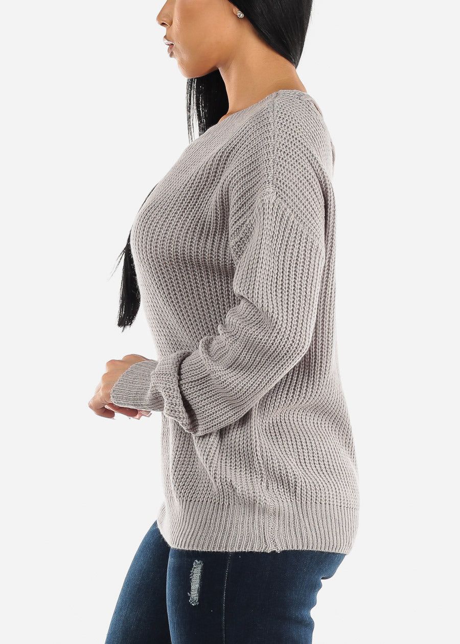Back Lace Up Knit Long Sleeve Sweater Light Grey sold by Moda product image thumbnail 4