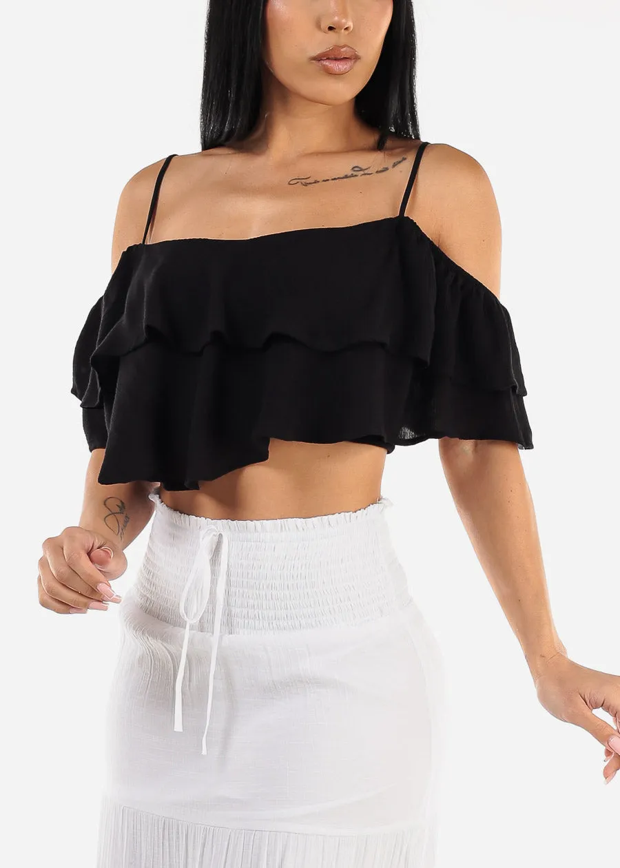 Black Ruffled Off Shoulder Crop Top sold by Moda
