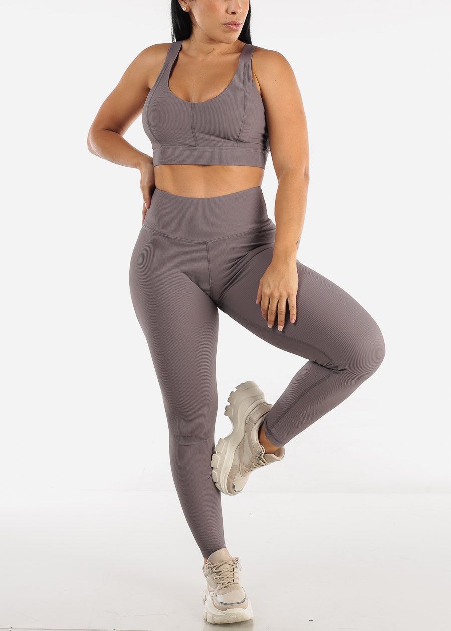 MONO B Activewear High Waisted Ribbed Leggings Dark Lilac sold by Moda product image thumbnail 2