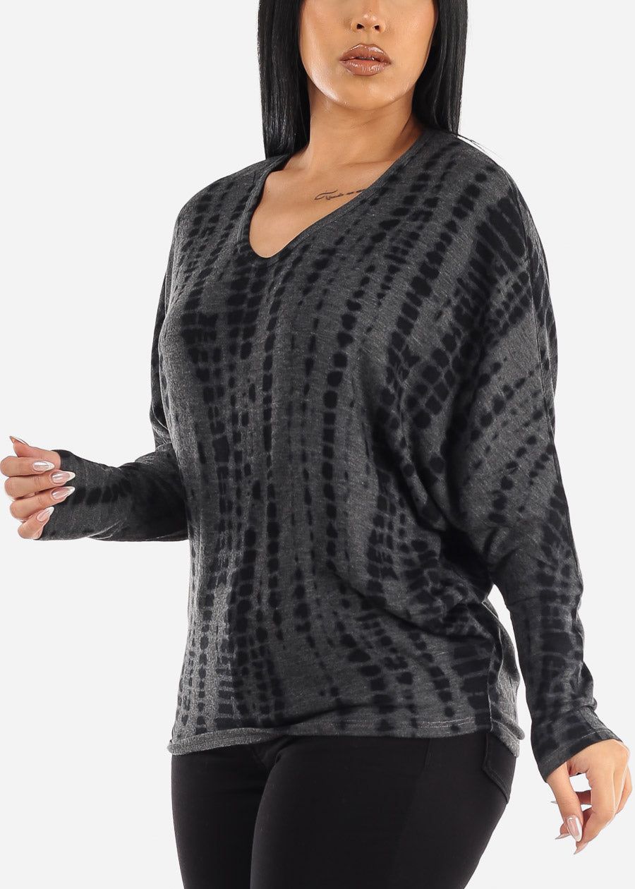 Tie Dye Long Sleeve Dolman Tunic Top Charcoal sold by Moda
