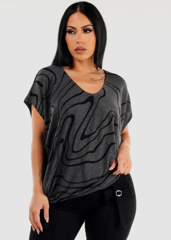 Short Dolman Sleeve Printed Tunic Top Charcoal sold by Moda