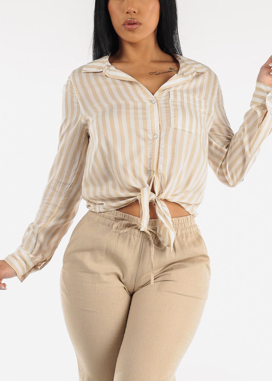 Tie Front Button Down Striped Shirt Khaki sold by Moda product image thumbnail 3