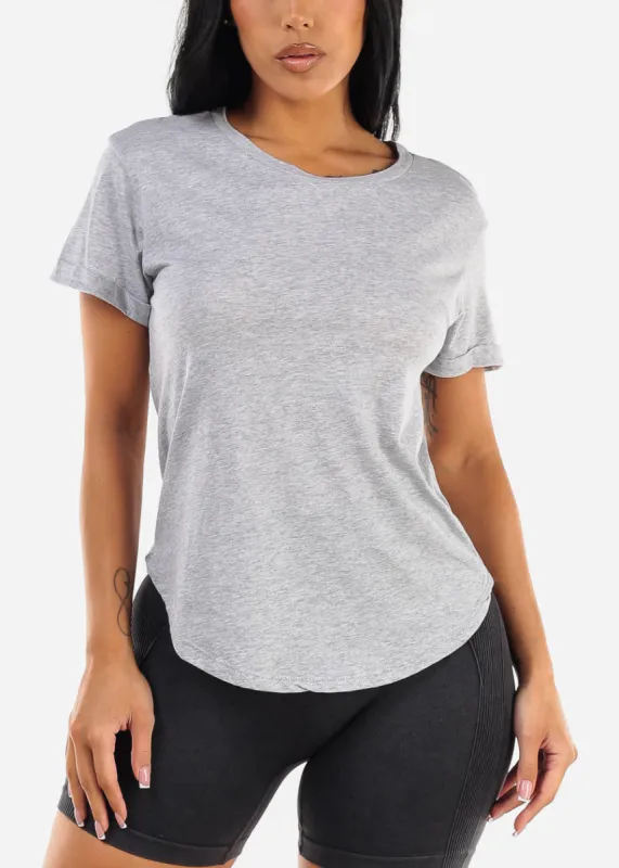 Cuffed Short Sleeve Round Hem Oversized Top Heather Grey sold by Moda