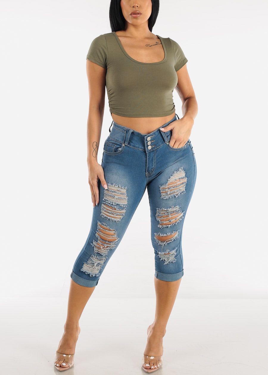 Short Sleeve Ruched Sides Crop Top Olive sold by Moda product image thumbnail 2