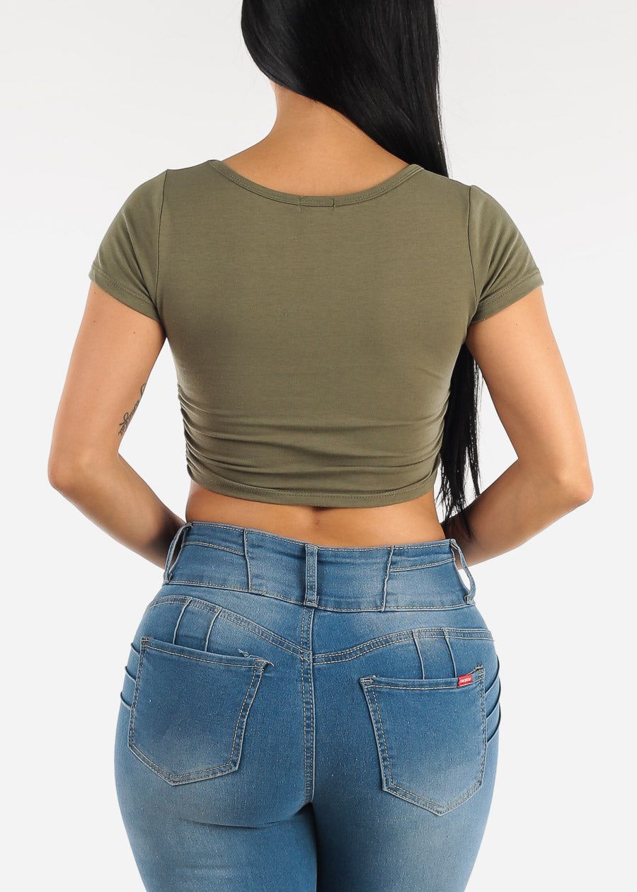 Short Sleeve Ruched Sides Crop Top Olive sold by Moda product image thumbnail 4