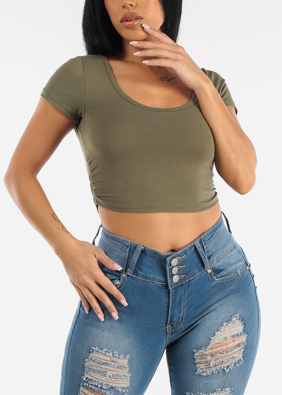 Short Sleeve Ruched Sides Crop Top Olive sold by Moda