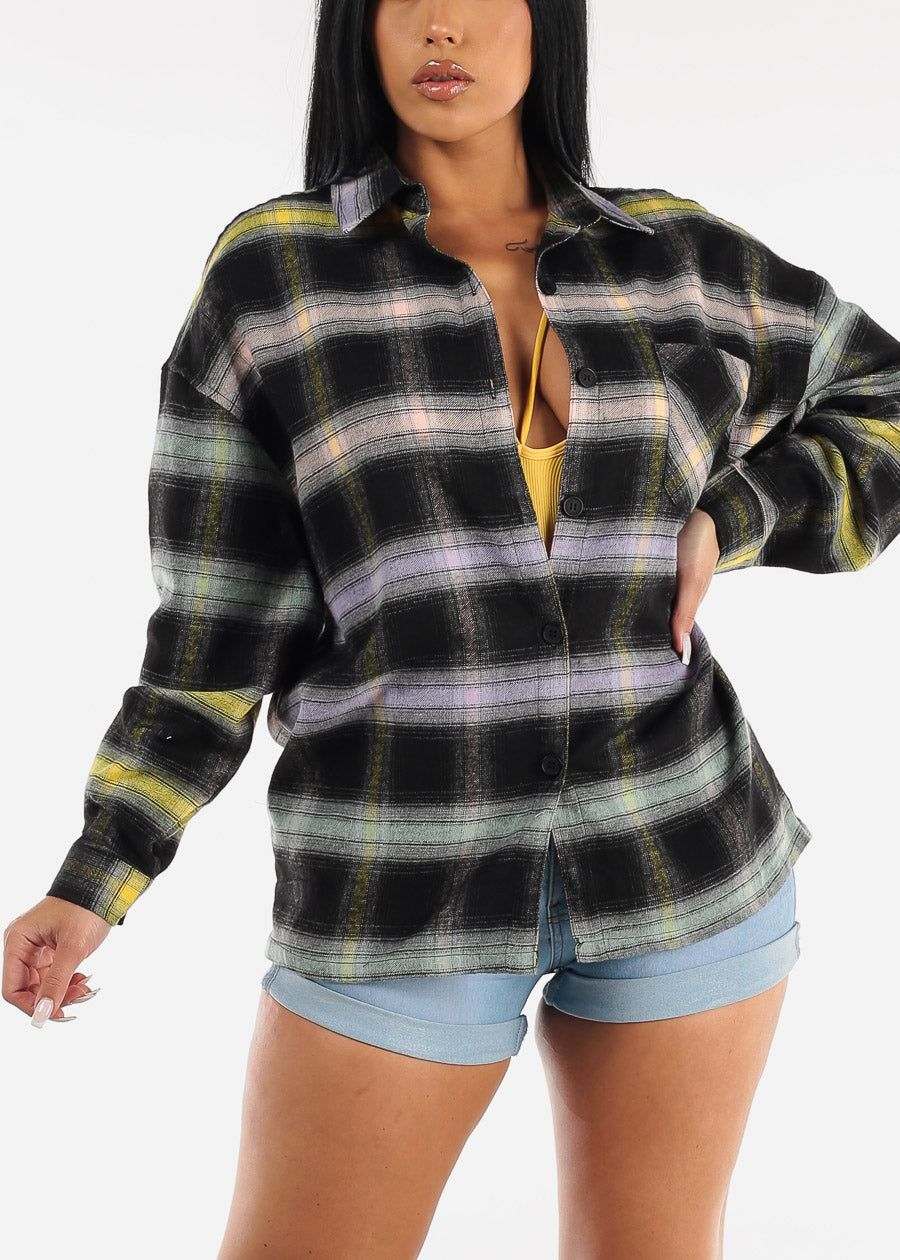 Long Sleeve Black Oversized Plaid Shirt sold by Moda