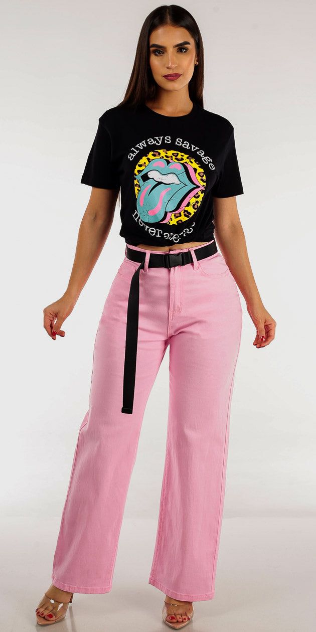 Pink Straight Wide Leg Cargo Pants with Black Short Sleeve Graphic Tee "Always Savage" sold by Moda
