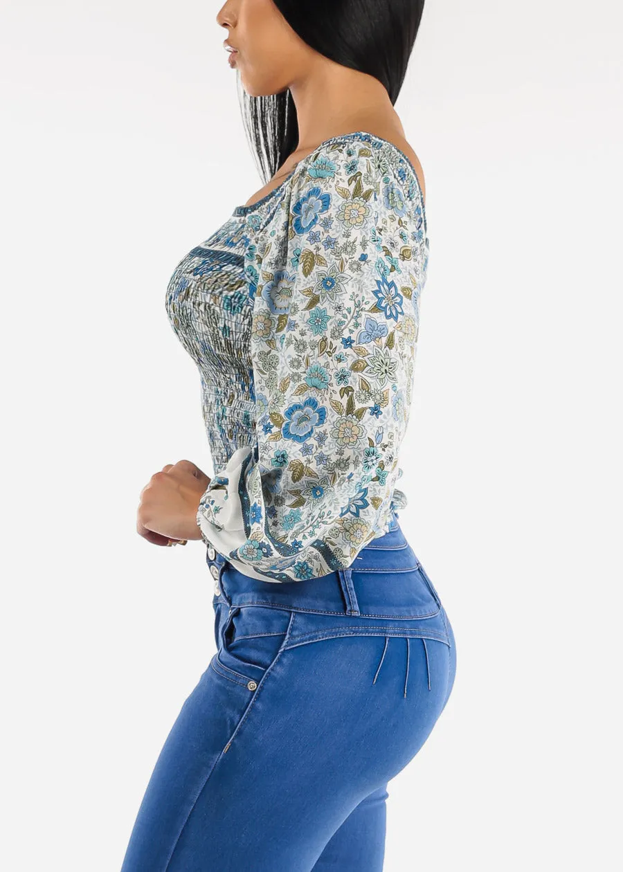 Off Shoulder Long Sleeve Floral Smocked Top Blue sold by Moda product image thumbnail 3