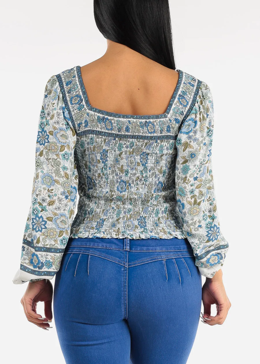 Off Shoulder Long Sleeve Floral Smocked Top Blue sold by Moda product image thumbnail 4