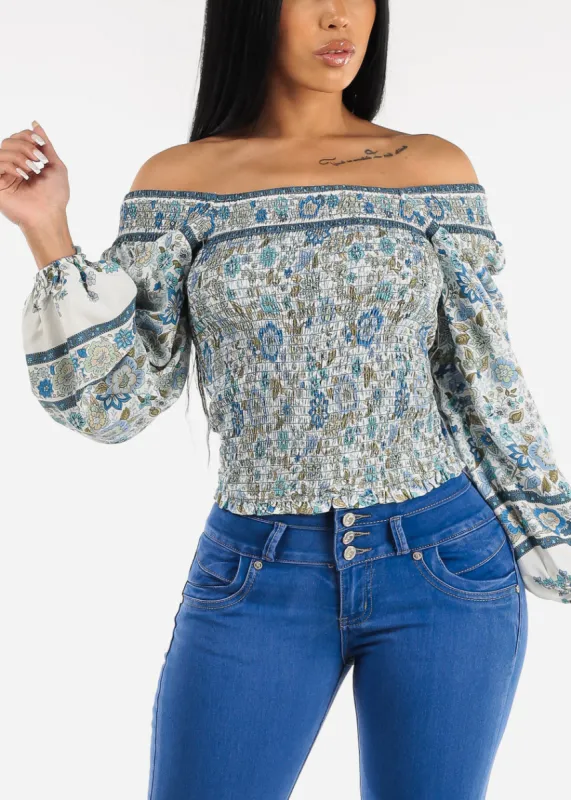 Off Shoulder Long Sleeve Floral Smocked Top Blue sold by Moda