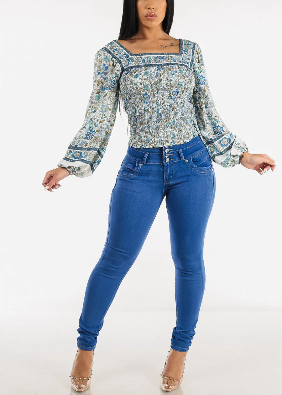 Off Shoulder Long Sleeve Floral Smocked Top Blue sold by Moda product image thumbnail 5