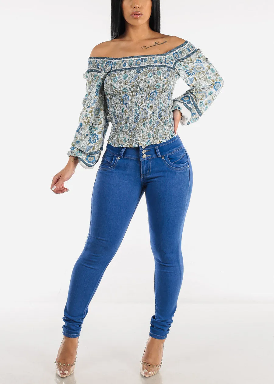 Off Shoulder Long Sleeve Floral Smocked Top Blue sold by Moda product image thumbnail 2