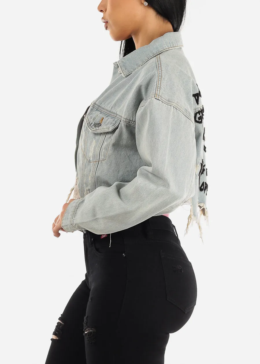Graphic Cropped Light Denim Jacket "Don't Grow Up" sold by Moda product image thumbnail 5