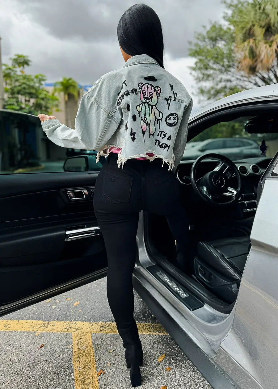 Graphic Cropped Light Denim Jacket "Don't Grow Up" sold by Moda product image thumbnail 3