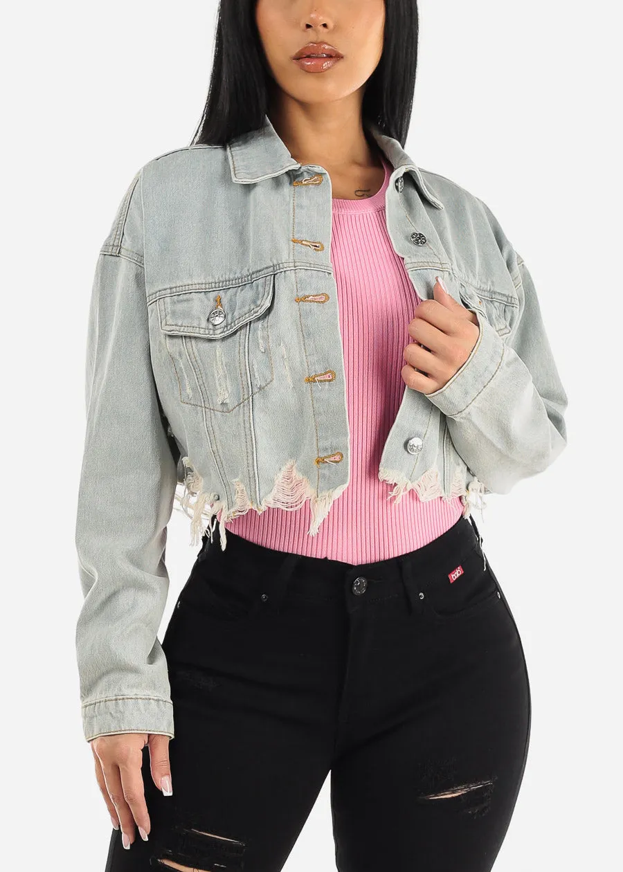 Graphic Cropped Light Denim Jacket "Don't Grow Up" sold by Moda product image thumbnail 4