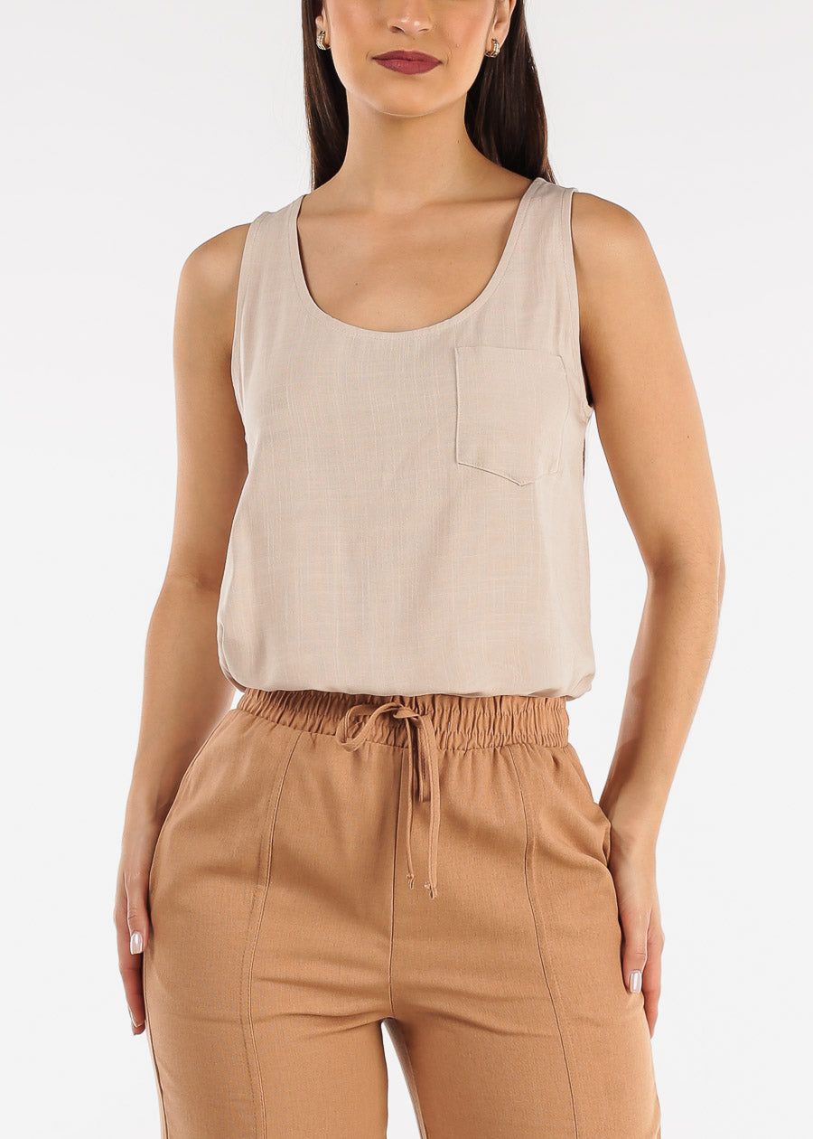 Scoop Neck Curved Hem Tank Top Taupe sold by Moda