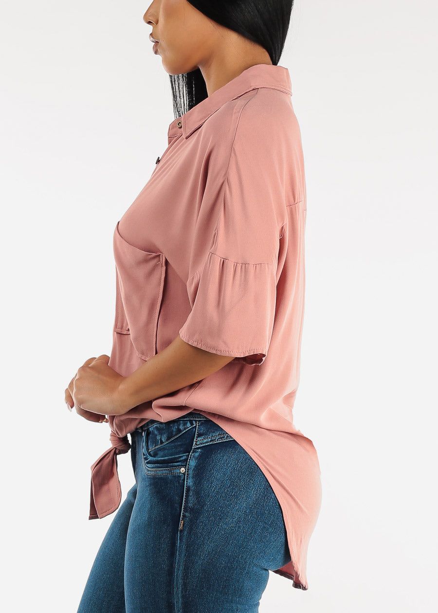Short Sleeve Tie Front Button Up Tunic Shirt Mauve sold by Moda product image thumbnail 3