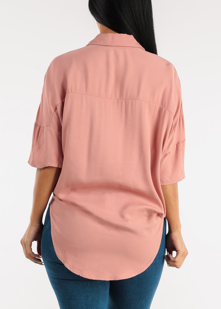 Short Sleeve Tie Front Button Up Tunic Shirt Mauve sold by Moda product image thumbnail 4