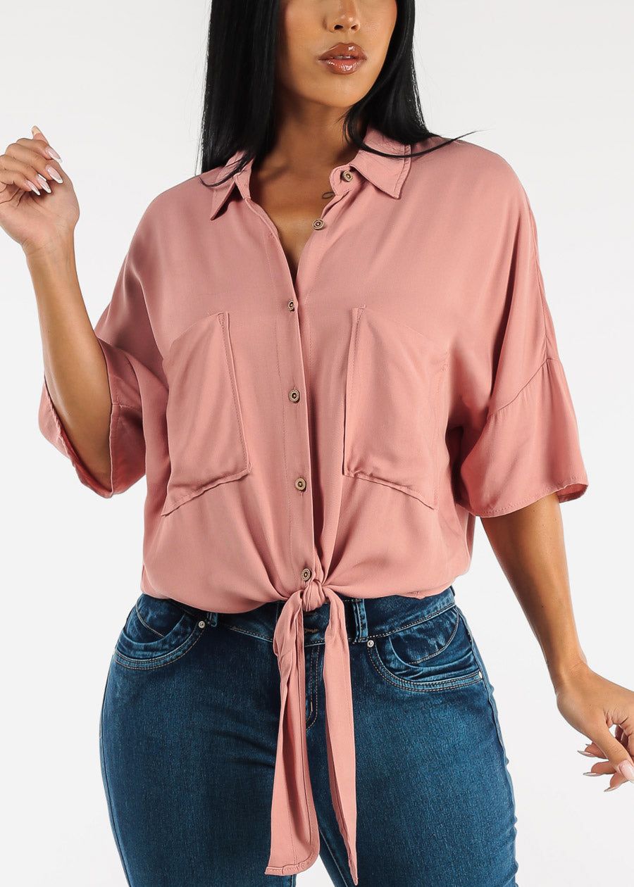 Short Sleeve Tie Front Button Up Tunic Shirt Mauve sold by Moda