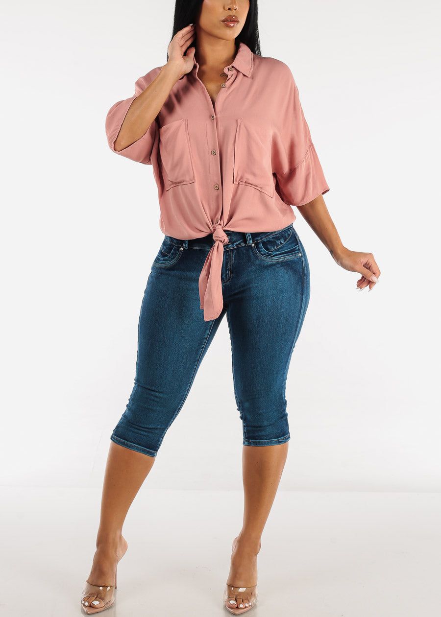 Short Sleeve Tie Front Button Up Tunic Shirt Mauve sold by Moda product image thumbnail 2