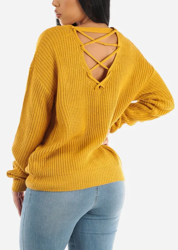 Back Lace Up Knit Long Sleeve Sweater Mustard sold by Moda