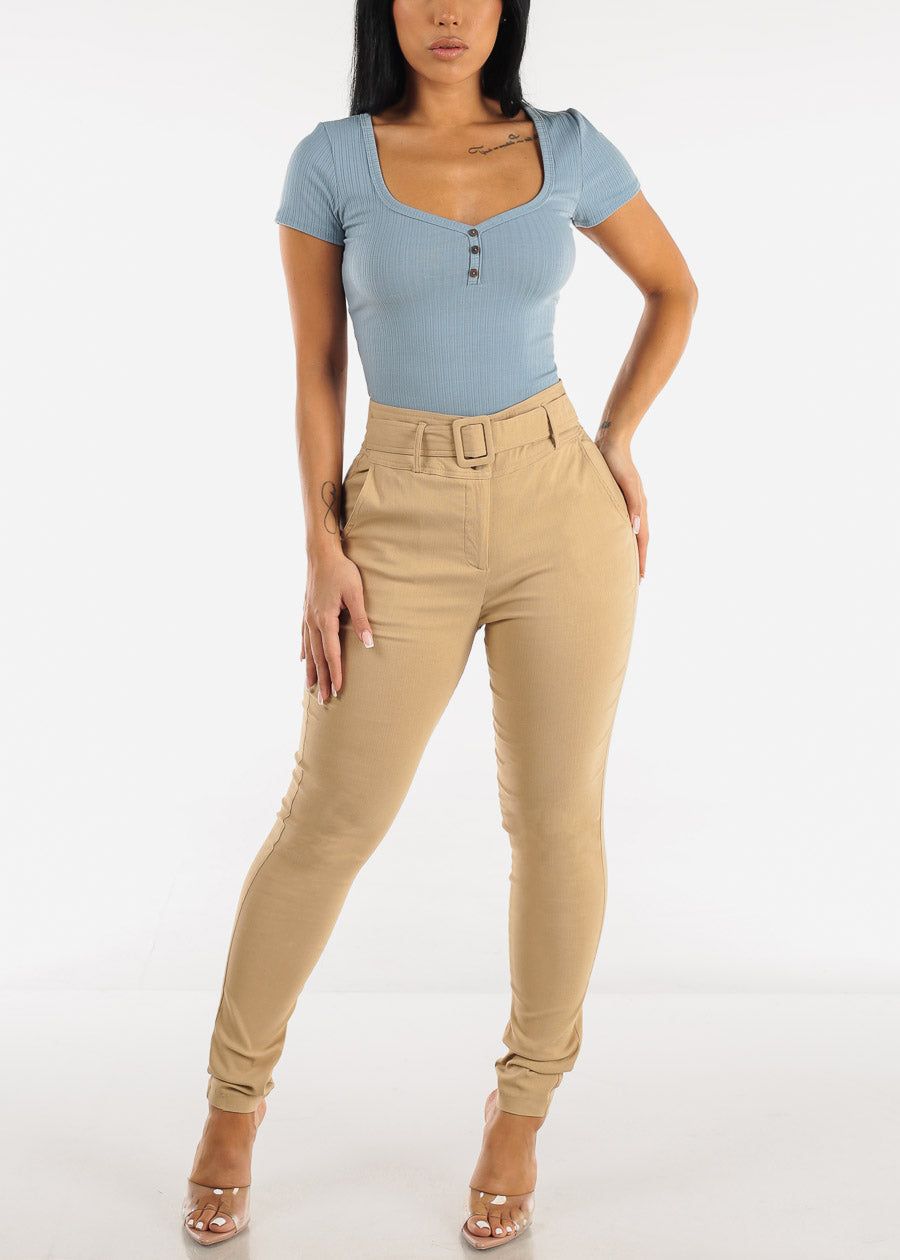 High Waisted Khaki Belted Skinny Pants sold by Moda product image thumbnail 2