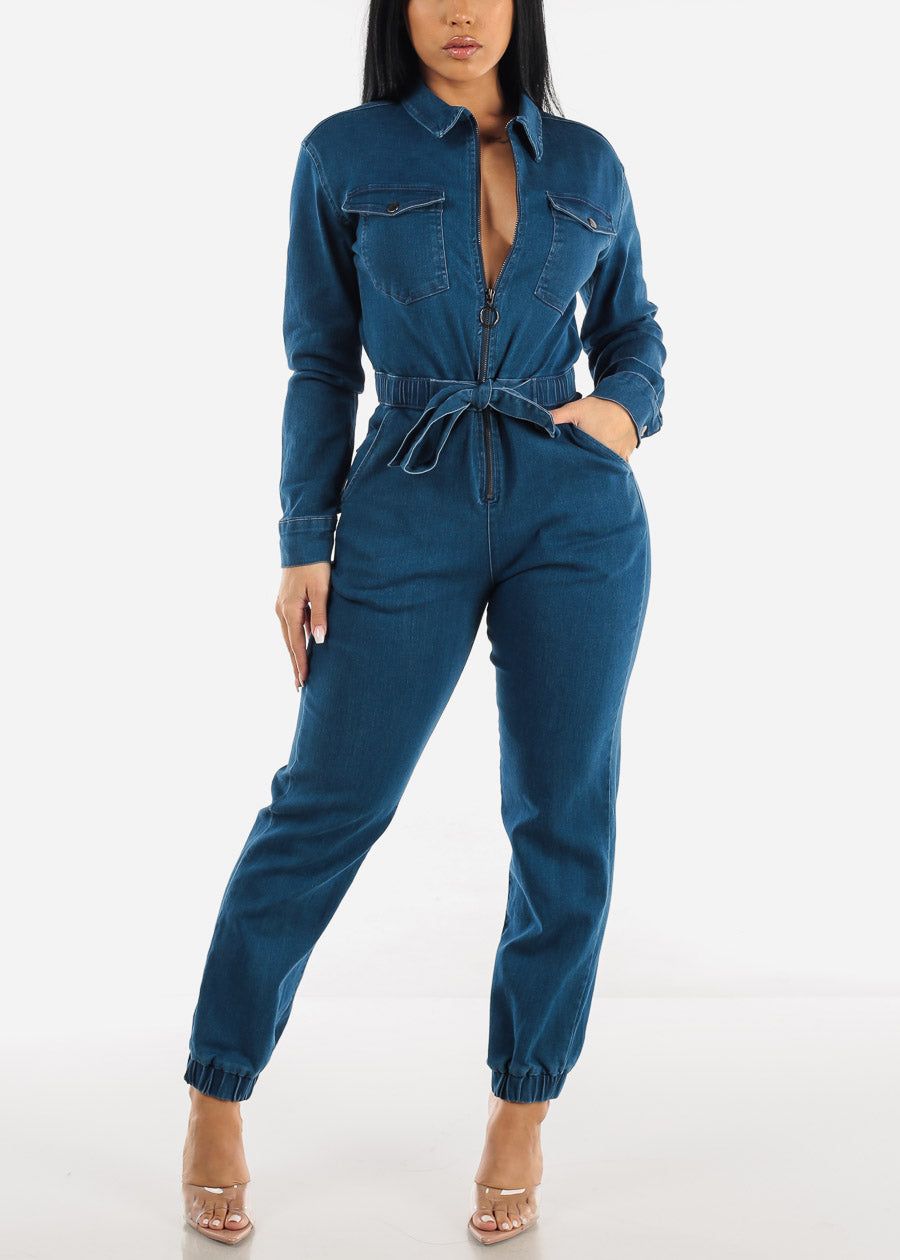 Zip Up Dark Wash Denim Jumpsuit w Belt sold by Moda