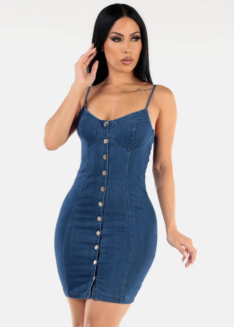 Button Up Bodycon Denim Dress Dark Blue sold by Moda